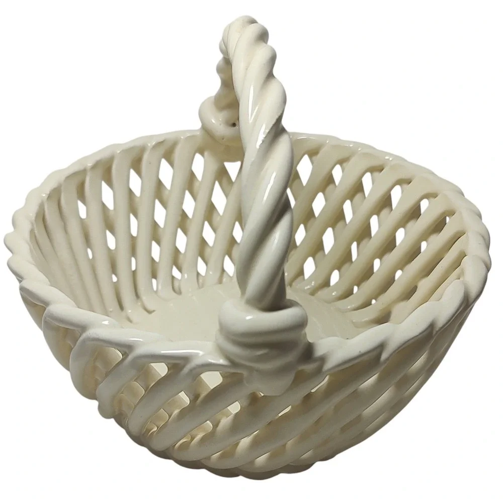 Vintage Woven Glass Basket Weave Twisted Handle Cream Springtime Five Inches SEE